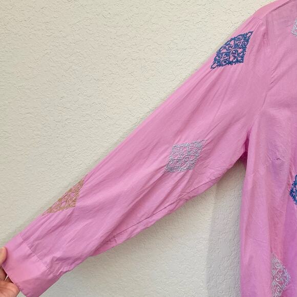 J. JILL Tunic Shirt Camellia Pink Embroidered Cotton Button Up LS Boho - Picture 7 of 12
